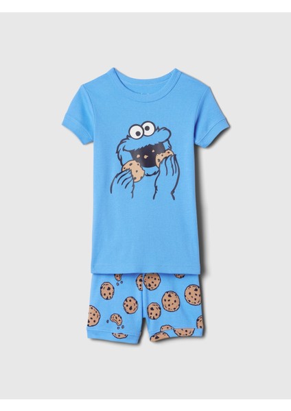 Erkek Bebek Mavi Organik Pamuk Susam Sokağı Grafikli Pijama Takımı