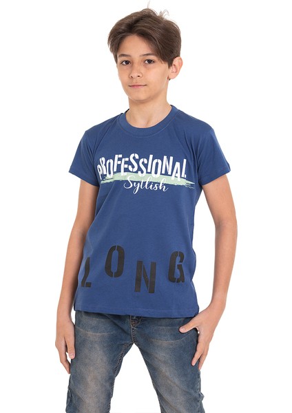 Koyu Mavi Long Baskılı Bisiklet Yaka 13-16 Yaş Tişört 2012-7