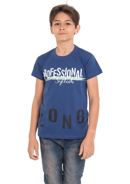 Koyu Mavi Long Baskılı Bisiklet Yaka 13-16 Yaş Tişört 2012-7 fırsatları