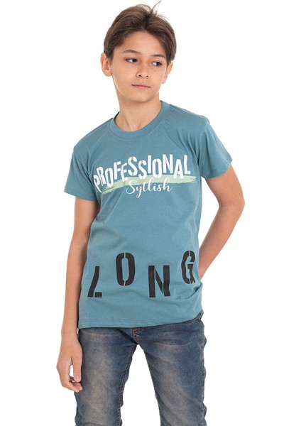 Turkuaz Long Baskılı Bisiklet Yaka 13-16 Yaş Tişört 2012-6