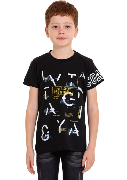 Siyah Harf Baskılı Bisiklet Yaka 5-16 Yaş Tişört 2006-4