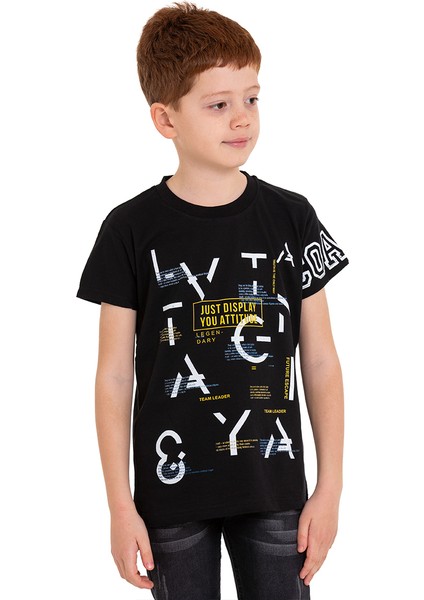 Siyah Harf Baskılı Bisiklet Yaka 5-16 Yaş Tişört 2006-4 modelleri