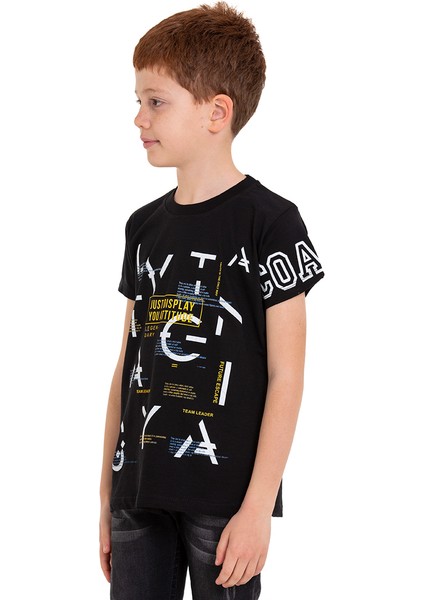 Siyah Harf Baskılı Bisiklet Yaka 5-16 Yaş Tişört 2006-4 fırsatları