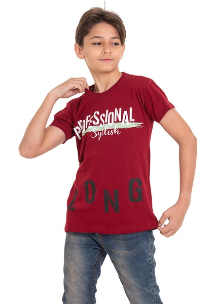 Bordo Long Baskılı Bisiklet Yaka 13-16 Yaş Tişört 2012-5