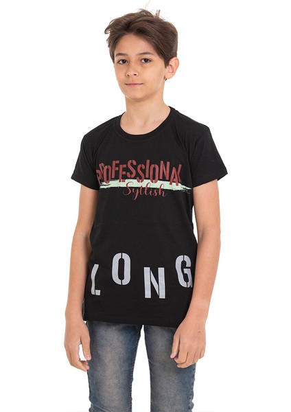 Siyah Long Baskılı Bisiklet Yaka 13-16 Yaş Tişört 2012-3
