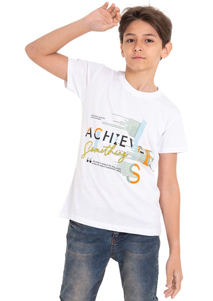 Beyaz Achive Baskılı Bisiklet Yaka 13-16 Yaş Tişört 2011-7