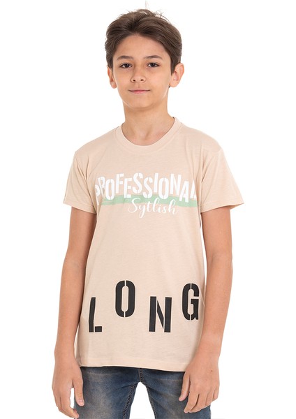 Bej Long Baskılı Bisiklet Yaka 13-16 Yaş Tişört 2012-2