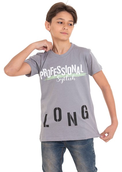 Gri Long Baskılı Bisiklet Yaka 13-16 Yaş Tişört 2012-1