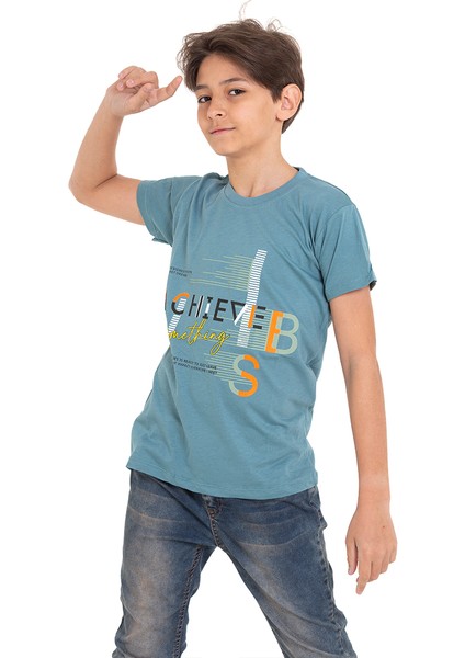Açık Mavi Achive Baskılı Bisiklet Yaka 13-16 Yaş Tişört 2011-1 modelleri