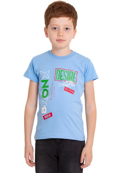 Açık Mavi Bronx Baskılı Bisiklet Yaka 5-16 Yaş Tişört 2005-5