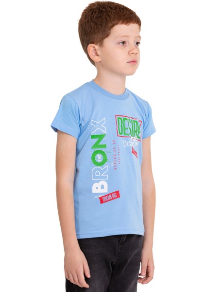 Açık Mavi Bronx Baskılı Bisiklet Yaka 5-16 Yaş Tişört 2005-5 fırsatları