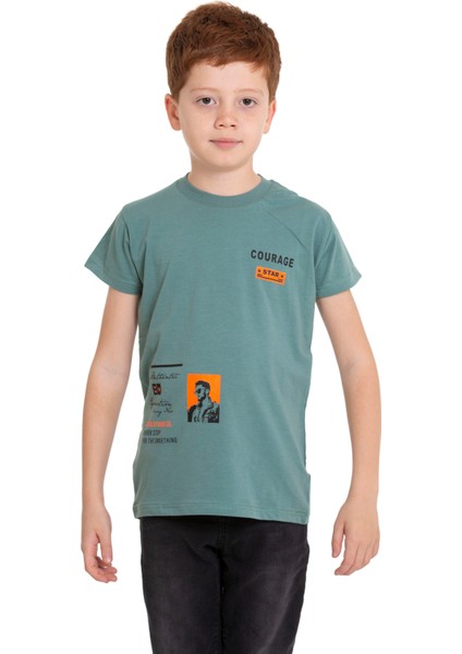 Petrol Mavisi Courage Baskılı Bisiklet Yaka 5-16 Yaş Tişört 2007-9