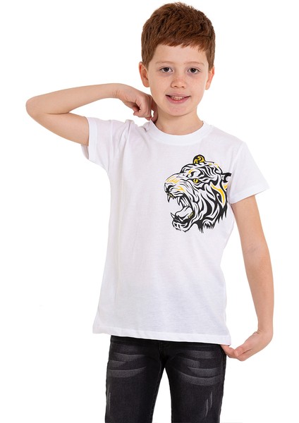 Beyaz Kaplan Baskılı Bisiklet Yaka 5-16 Yaş Tişört 2008-3