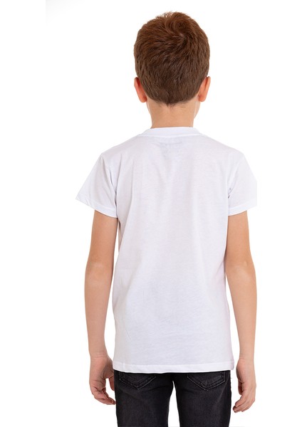 Beyaz Kaplan Baskılı Bisiklet Yaka 5-16 Yaş Tişört 2008-3 fiyatları