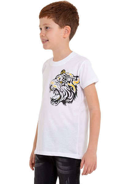 Beyaz Kaplan Baskılı Bisiklet Yaka 5-16 Yaş Tişört 2008-3 modelleri