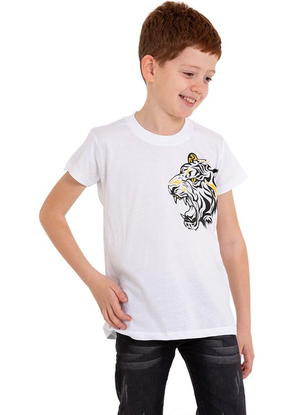 Beyaz Kaplan Baskılı Bisiklet Yaka 5-16 Yaş Tişört 2008-3 fırsatları