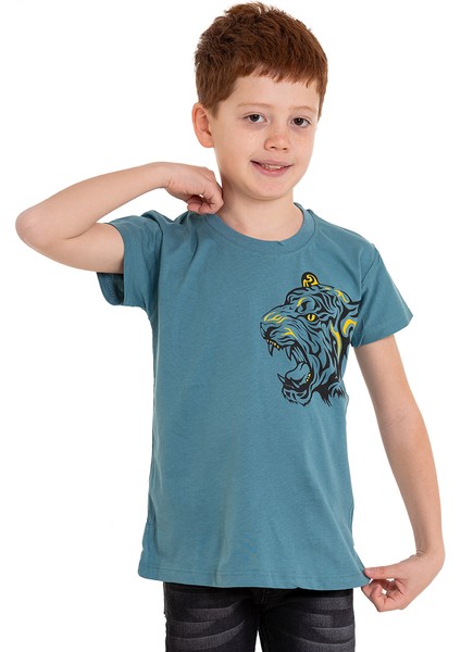 Petrol Mavisi Kaplan Baskılı Bisiklet Yaka 5-16 Yaş Tişört 2008-2