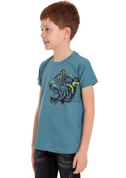 Petrol Mavisi Kaplan Baskılı Bisiklet Yaka 5-16 Yaş Tişört 2008-2 modelleri