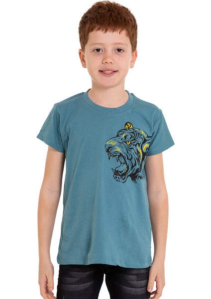 Petrol Mavisi Kaplan Baskılı Bisiklet Yaka 5-16 Yaş Tişört 2008-2 fırsatları