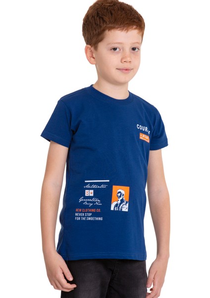 Mavi Courage Baskılı Bisiklet Yaka 5-16 Yaş Tişört 2007-7
