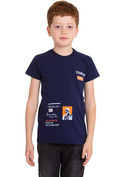 Lacivert Courage Baskılı Bisiklet Yaka 5-16 Yaş Tişört 2007-6