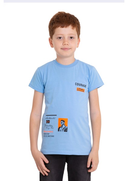 Açık Mavi Courage Baskılı Bisiklet Yaka 5-16 Yaş Tişört 2007-3
