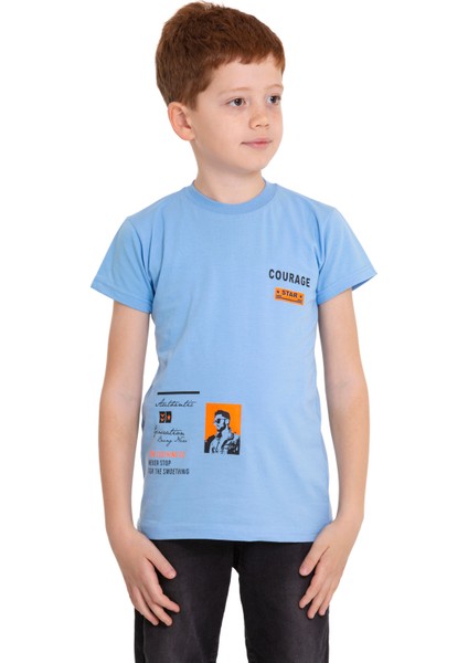 Açık Mavi Courage Baskılı Bisiklet Yaka 5-16 Yaş Tişört 2007-3 modelleri