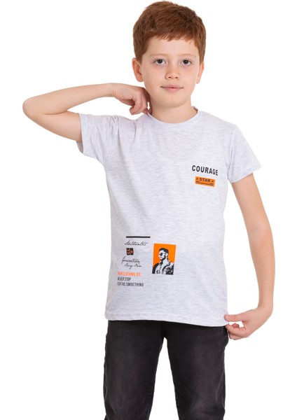 Açık Gri Courage Baskılı Bisiklet Yaka 5-16 Yaş Tişört 2007-2