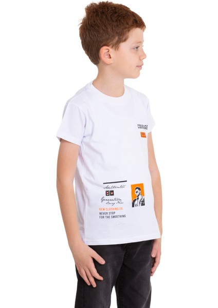 Beyaz Courage Baskılı Bisiklet Yaka 5-16 Yaş Tişört 2007-1 modelleri