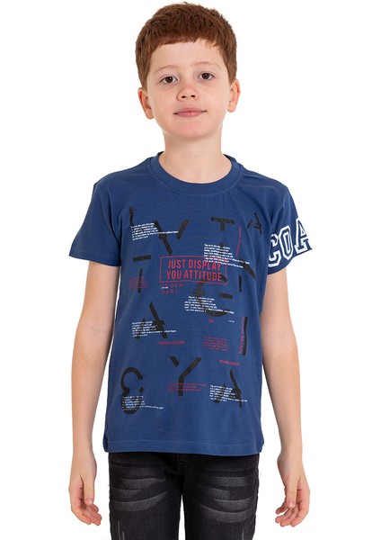 Mavi Harf Baskılı Bisiklet Yaka 5-16 Yaş Tişört 2006-1