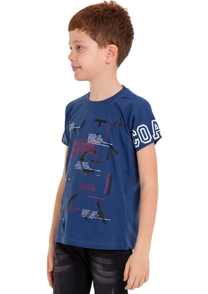 Mavi Harf Baskılı Bisiklet Yaka 5-16 Yaş Tişört 2006-1 modelleri