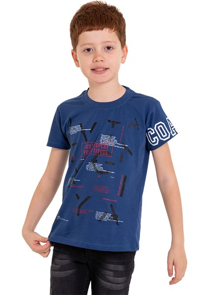 Mavi Harf Baskılı Bisiklet Yaka 5-16 Yaş Tişört 2006-1 fırsatları