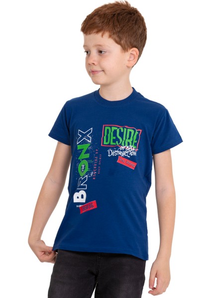 Koyu Mavi Bronx Baskılı Bisiklet Yaka 5-16 Yaş Tişört 2005-4
