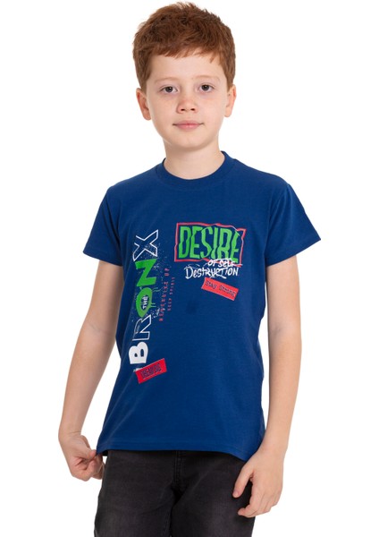 Koyu Mavi Bronx Baskılı Bisiklet Yaka 5-16 Yaş Tişört 2005-4 modelleri