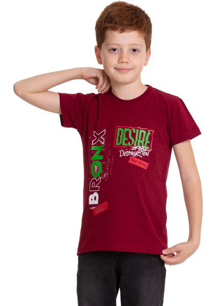 Bordo Bronx Baskılı Bisiklet Yaka 5-16 Yaş Tişört 2005-3