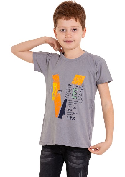 Gri D-Sea Baskılı Bisiklet Yaka 5-16 Yaş Tişört 2004-6