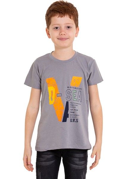 Gri D-Sea Baskılı Bisiklet Yaka 5-16 Yaş Tişört 2004-6 modelleri