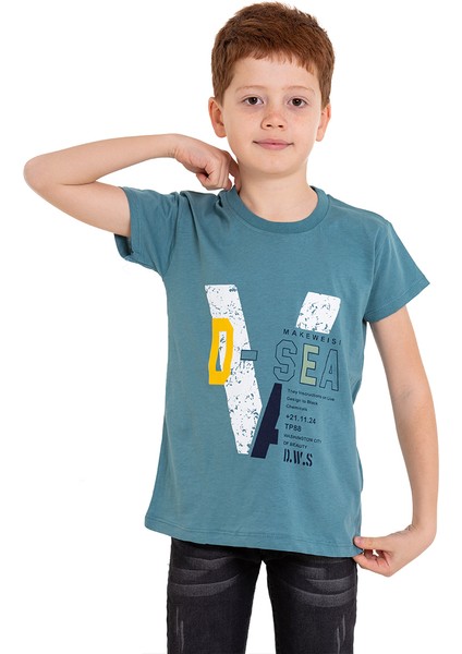 Turkuaz D-Sea Baskılı Bisiklet Yaka 5-16 Yaş Tişört 2004-5