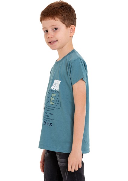 Turkuaz D-Sea Baskılı Bisiklet Yaka 5-16 Yaş Tişört 2004-5 modelleri
