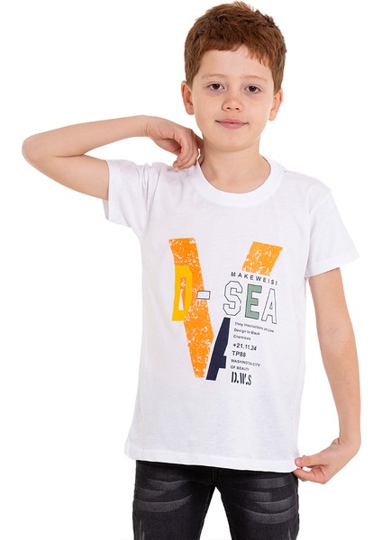 Beyaz D-Sea Baskılı Bisiklet Yaka 5-16 Yaş Tişört 2004-4
