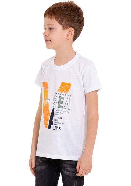 Beyaz D-Sea Baskılı Bisiklet Yaka 5-16 Yaş Tişört 2004-4 modelleri