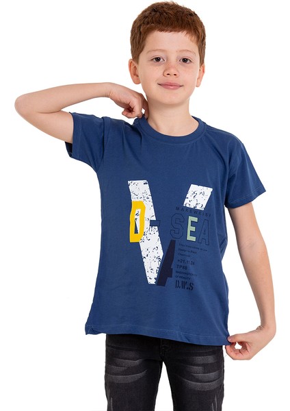Koyu Mavi D-Sea Baskılı Bisiklet Yaka 5-16 Yaş Tişört 2004-3