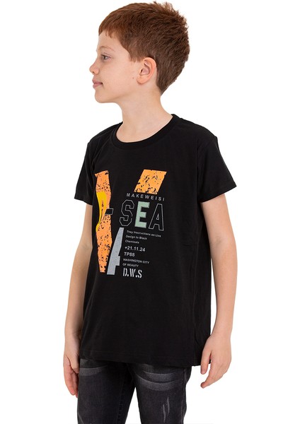Siyah D-Sea Baskılı Bisiklet Yaka 5-16 Yaş Tişört 2004-1 modelleri