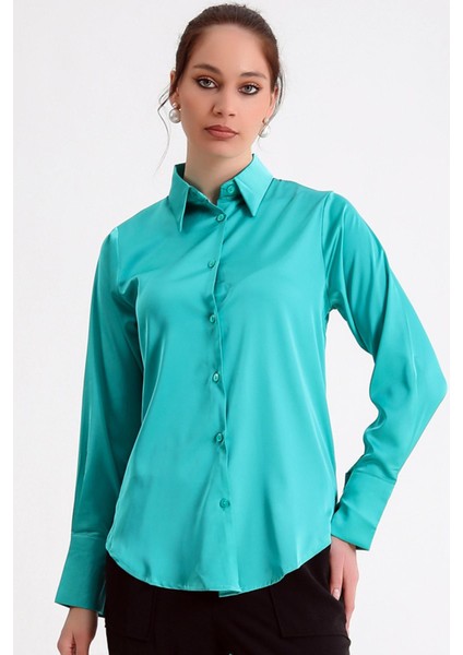 Geniş Manşet Detaylı Uzun Kol Düğme Kapamalı Rahat Kalıp Saten Gömlek fiyatları
