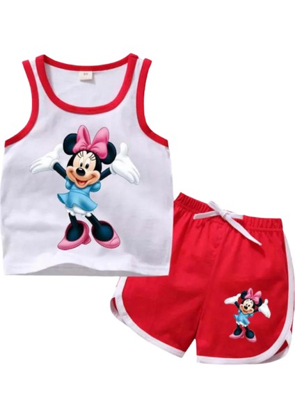 Neşeli Bebeklerimiz Fare Baskılı Askılı Kız Penye Şortlu Takım Kırmızı