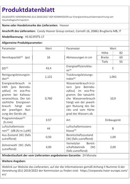 Hs 6C4F0TS-17 C Enerji Sınıfı 8 Programlı Ankastre Bulaşık Makinesi