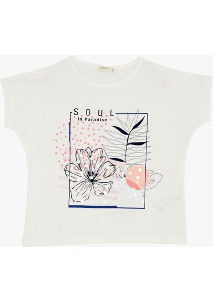 Kız Çocuk Tişört Çiçek Baskılı Pullu 10-16 Yaş, Ekru