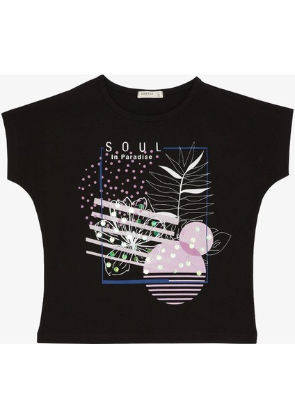 Kız Çocuk Tişört Çiçek Baskılı Pullu 10-16 Yaş, Siyah