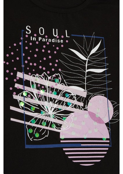 Kız Çocuk Tişört Çiçek Baskılı Pullu 10-16 Yaş, Siyah fırsatları