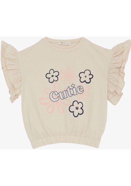 Kız Çocuk Tişört Çiçek Baskılı Kolları Fırfırlı 9-14 Yaş, Bej
